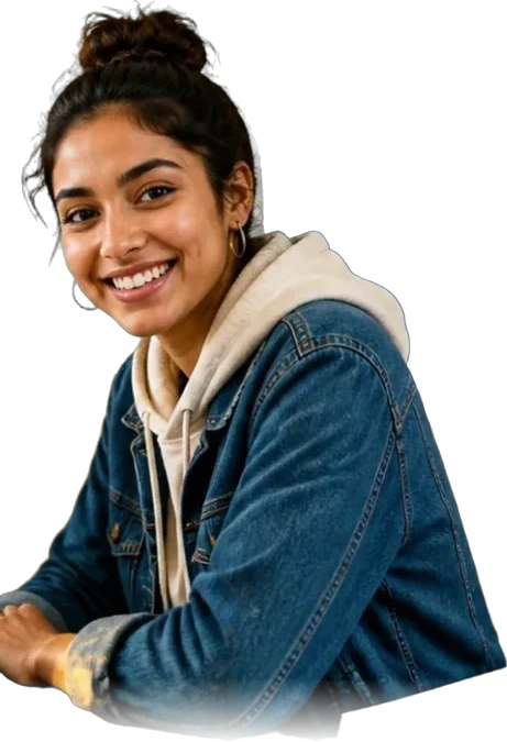 Smiling student working on her business idea on a laptop alongside classmates