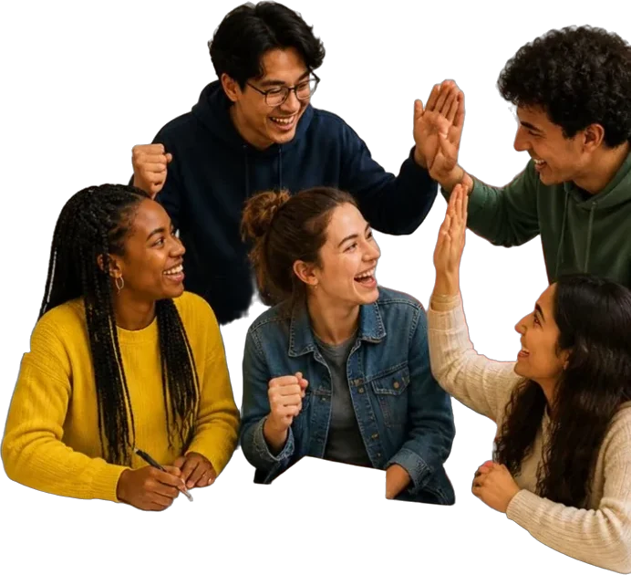 Group of students celebrating with high-fives around a table covered in business sketches and a cardboard prototype